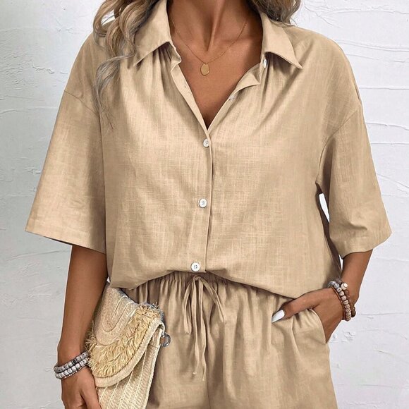 Khaki Casual Women's Solid Button Front Shirt & Drawstring Waist Shorts - Picture 7 of 7